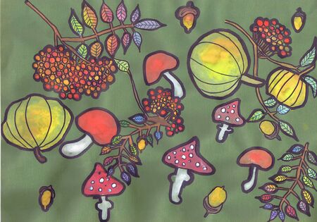 Print for fabric with pumpkin, mushrooms, berries on a dark background. Children 's drawing, mixed techniqueの写真素材