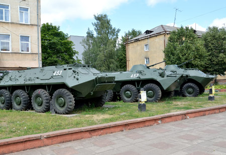 SOVETSK, RUSSIA - JULY 01, 2019: Armoured personnel carriers are Ð‘Ð¢Ð -60ÐŸÐ‘ and...