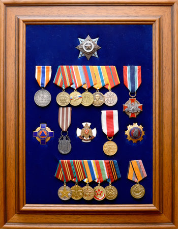 Awards and insignia of the veteran of the Armed Forces of the USSR and the Ministry of Emergency Situations of the Russian Federationのeditorial素材
