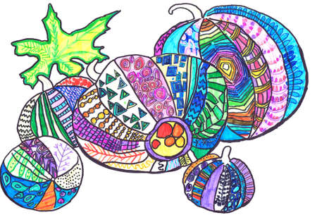 Decorative pumpkins on a white background. Children's drawingの写真素材