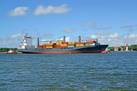 BALTIYSK, RUSSIA - JULY 12, 2020: Container ship VALENTINA passes through the Baltic Strait....