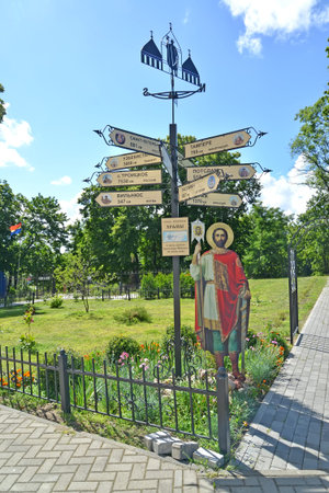 BALTIYSK, RUSSIA - JULY 23, 2020: Column-pointer Churches in honor of St. Alexander Nevsky around...