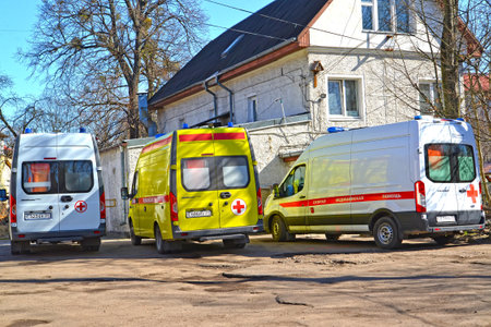 KALININGRAD, RUSSIA - APRIL 04, 2021: Ambulances in the parking lot of the Central District substationのeditorial素材