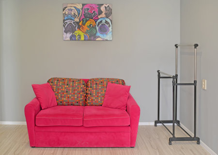 KALININGRAD, RUSSIA - APRIL 13, 2021: Sofa and hanger for clothes in the living roomのeditorial素材