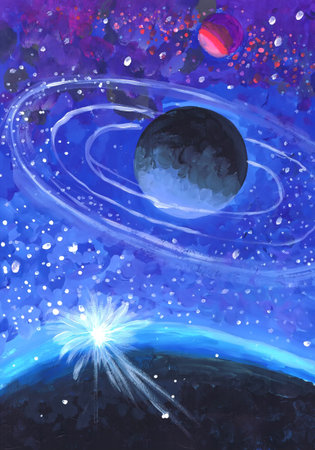 Planet Saturn in outer space. Child's drawing