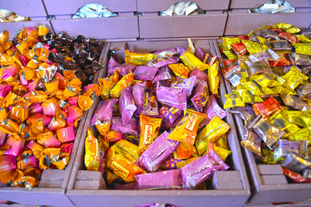 KALININGRAD, RUSSIA - APRIL 11, 2021: Sweets lie in boxes in a confectionery storeのeditorial素材