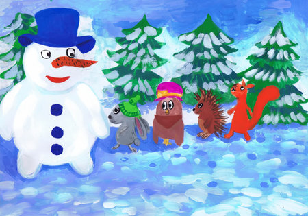 Snowman and forest animals in winter. Children's drawingの写真素材