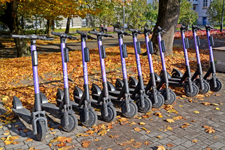 KALININGRAD, RUSSIA - OCTOBER 14, 2021: Parking of electric scooters near the square on Mira Avenueのeditorial素材