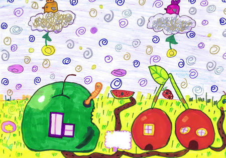 Fruit houses in a fabulous country. Children's drawingの写真素材