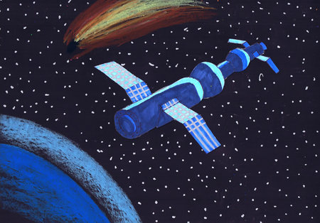 The space station flies to the orbit of the planet. Children's drawing
