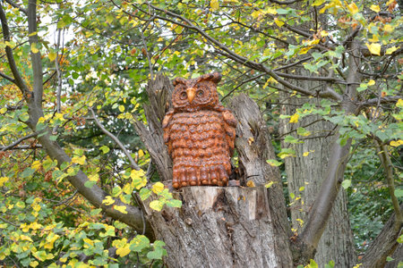 KALININGRAD REGION, RUSSIA - OCTOBER 20, 2022: Art object "Amber Owl" in the park named after Moritz Becker. Village Yantarnyのeditorial素材