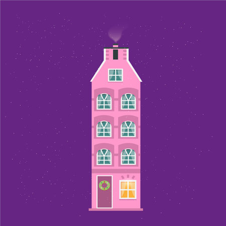 Vector illustration of a pink building on a purple background. Flat style.のイラスト素材