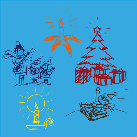 Christmas tree, Santa Claus, gifts and Christmas tree on blue backgroundのイラスト素材