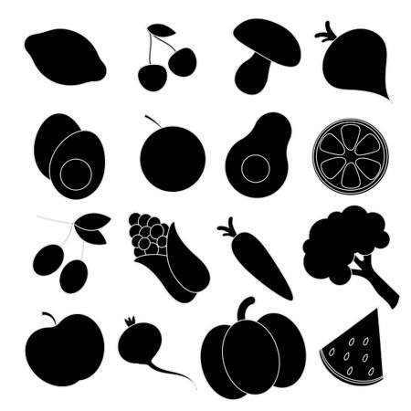fruits and vegetables icons, black silhouettes on a white backgroundのイラスト素材