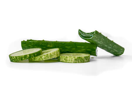 Three slices of cucumber for salad, have composition stacked, isolated on white background, copy spaceの写真素材