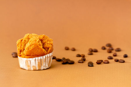 A sponge cake on a small plate for breakfast and a friend to drink coffee, brown and coffee backgroundの写真素材