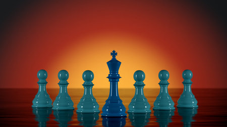 Several blue Chess Pawns lined up with the Chess King at the forefront, the concept of leadership in...