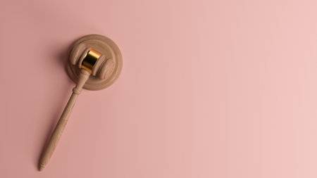 A wooden judge gavel and soundboard 3D illustration isolated on pink matte with copy space for text, legal action or concept of lawの写真素材