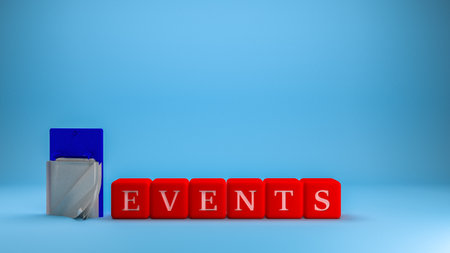 Red cubes with the word Event on a blue background 3d illustration, business and organization management and event conceptの写真素材