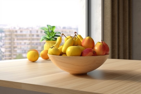 Fresh fruits on a wooden table, generative ai, sunlight comes from the windowの素材
