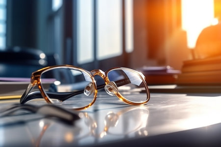 Close up glasses on the wooden table, Generative AI, by the sunny windowの素材