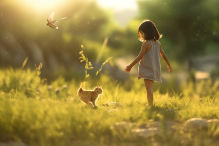 Girl and pet playing in a sunlight field, Generative AI, summer activity in natural lightsの素材