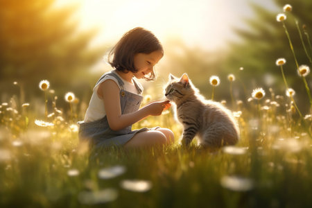 Girl and pet playing in a sunlight field, Generative AI, summer activity in natural lightsの素材