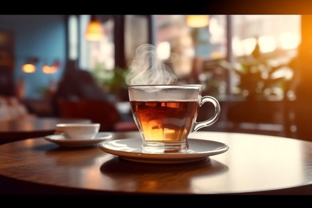 Hot tea cup on the table,  Generative AI, sunlight beside windowの素材