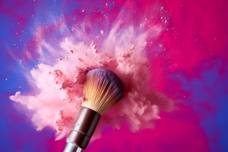 Cosmetics brush and explosion colorful makeup powder, Generative AI, a beauty and makeup conceptの素材