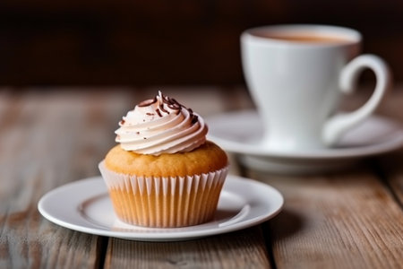 Cup cake and a cup of coffee on a wooden table, Generative AI, cinema shot and backgroundの素材