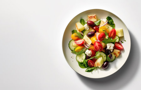 Greek salad on white plate, Generative AI, Top viewの素材