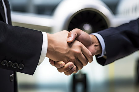 Business people shaking hands in an airplane hangar, an agreement was reachedの素材