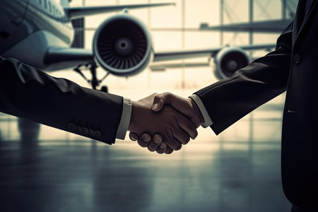 Business people shaking hands in an airplane hangar, an agreement was reachedの素材