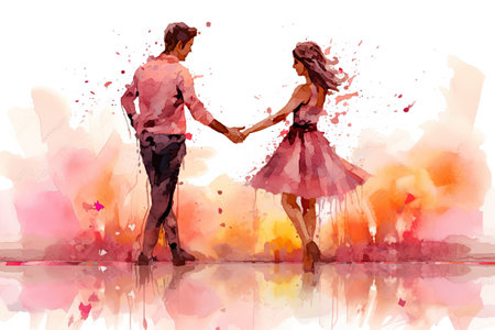 Watercolor illustration couple in love looking to each other, Happy young man and woman touch hands look in eyes feel in loveの素材