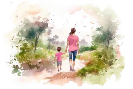 Watercolor illustration of mother holding her son, Love symbol of family concept, Mother`s Day Greetingの素材