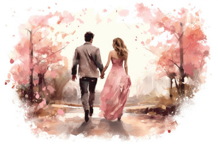 Watercolor illustration of couple walking hand on hand, Love symbol of family conceptの素材