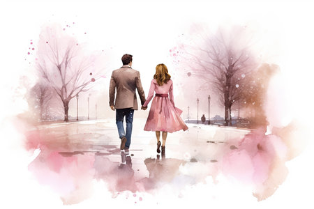 Watercolor illustration of couple walking hand on hand, Love symbol of family conceptの素材