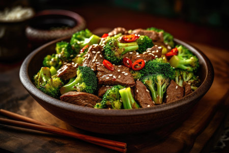 Stir fry of beef and broccoli in a bowl, asian food and culinaryの素材