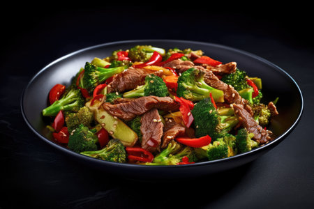 Stir fry of beef and broccoli in a bowl, asian food and culinaryの素材