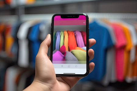 A hand is holding a cellphone displaying fashion products, the seller is taking pictures of products for saleの素材