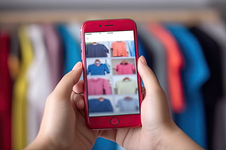 A hand is holding a cellphone displaying fashion products, the seller is taking pictures of products for saleの素材