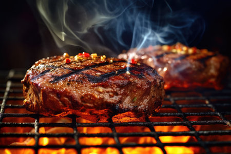 Cooking burgers on hot grill with flames, Ingredients of a delicious burger with ground beef patty, lettuce, bacon, onions, tomatoes and cucumbersの素材