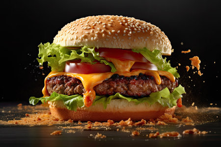 Fresh tasty burger on dark background, Ingredients of a delicious burger with ground beef patty, lettuce, bacon, onions, tomatoes and cucumbersの素材