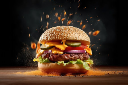 Conceptual illustration of an exploding delicious burger with yummy components, Ingredients of a delicious burger with ground beef patty, lettuce, bacon, onions, tomatoes and cucumbersの素材