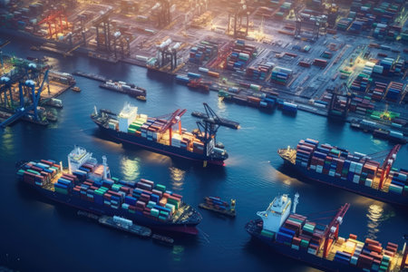 Several Cargo maritime ships with contrail in the ocean ship carrying container, running for export concept technology freight shipping by ship forwarder mastの素材