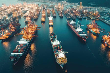 Several Cargo maritime ships with contrail in the ocean ship carrying container, running for export concept technology freight shipping by ship forwarder mastの素材