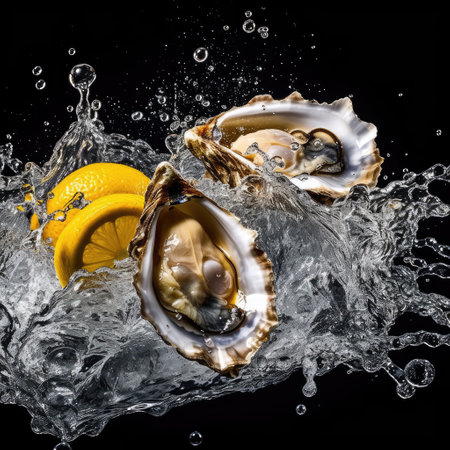 Oysters and Slices of lemon flying against water explosion, water splash and black backgroundの素材