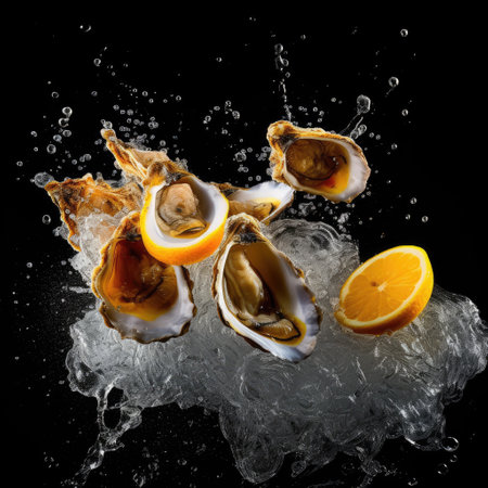 Oysters and Slices of lemon flying against water explosion, water splash and black backgroundの素材