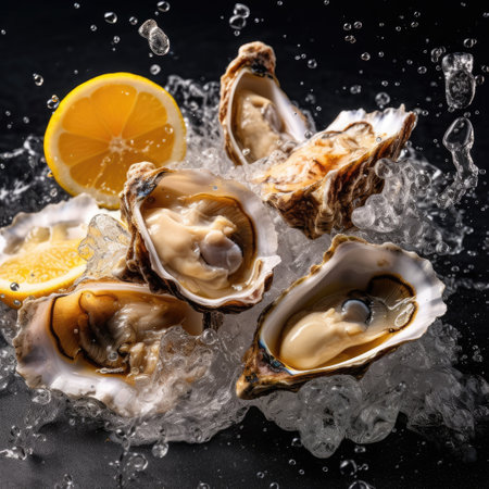 Oysters and Slices of lemon flying against water explosion, water splash and black backgroundの素材