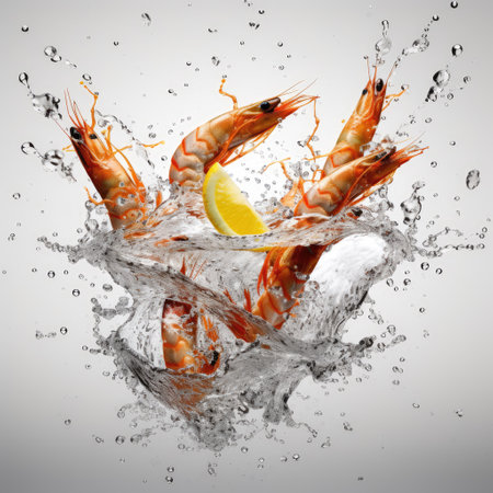 Shrimps flying against water explosion, prepare food ingredients from the seaの素材